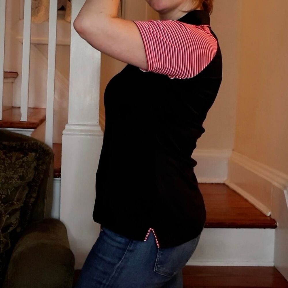 Adidas Women's Golf Polo Sz Medium Short Sleeve Black Pink Striped Preppy Top - Picture 3 of 5
